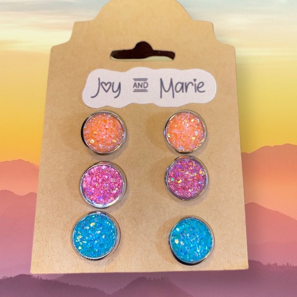 Beautiful set of 3 handmade stud earrings. Silver backing 1/2” diameter. - Picture 2 of 2